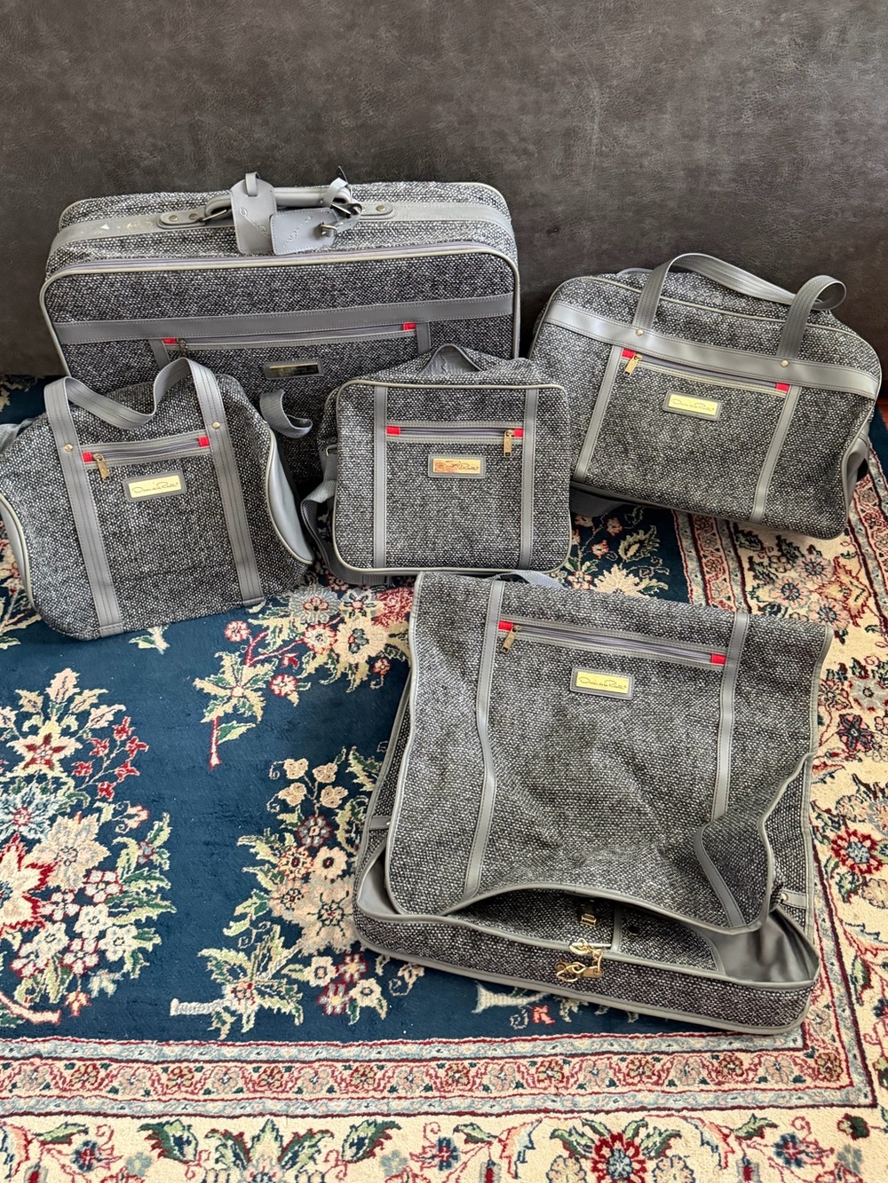 Vintage Oscar de la Renta 5 Piece Tweed Luggage Set Duffles Carry Garment bags